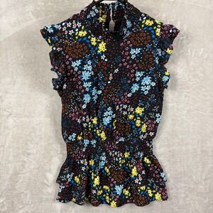 SFW Suitable For Work Blouse Top Women's M Black Smocked Feminine Dark Floral